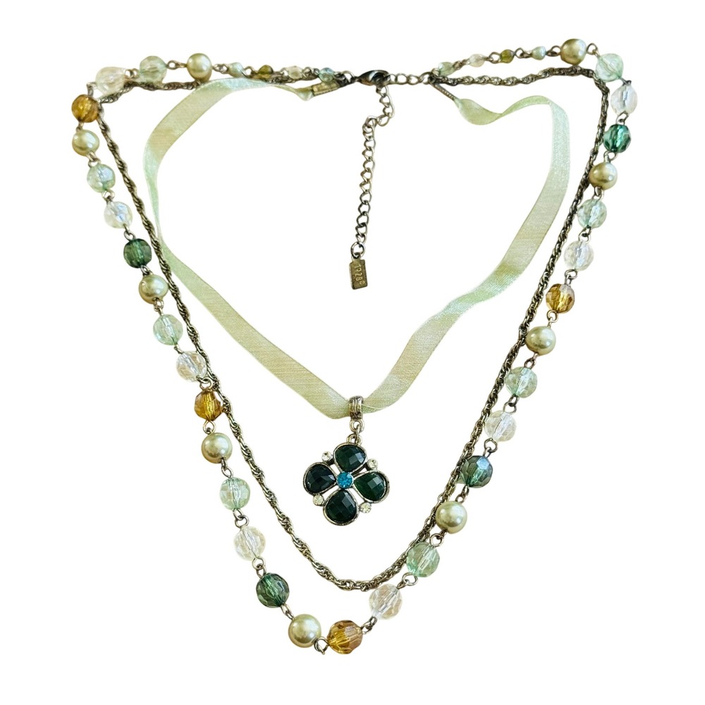 Victorian Style Necklace VTG 1928 Green Rhinestone Pearl Gold Cross Regency 17"